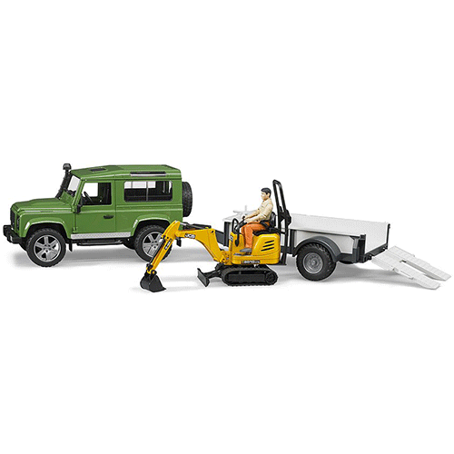 Bruder Land Rover Defender with trailer, JCB excavator and man